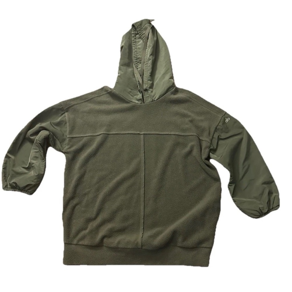 Alo Yoga Mixed Media Fleece Pullover Women’s Medium Hooded Olive Green Oversized